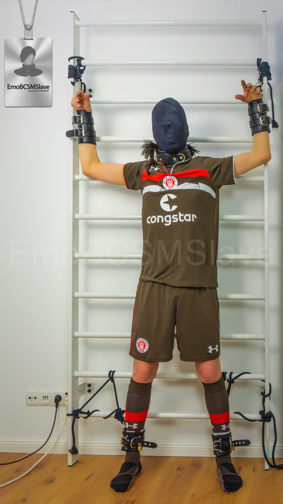 EmoBCSMSlave tied and swim cap breath controlled to wall bars