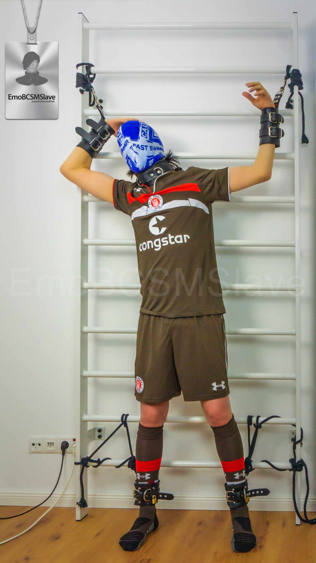 EmoBCSMSlave tied and swim cap breath controlled to wall bars